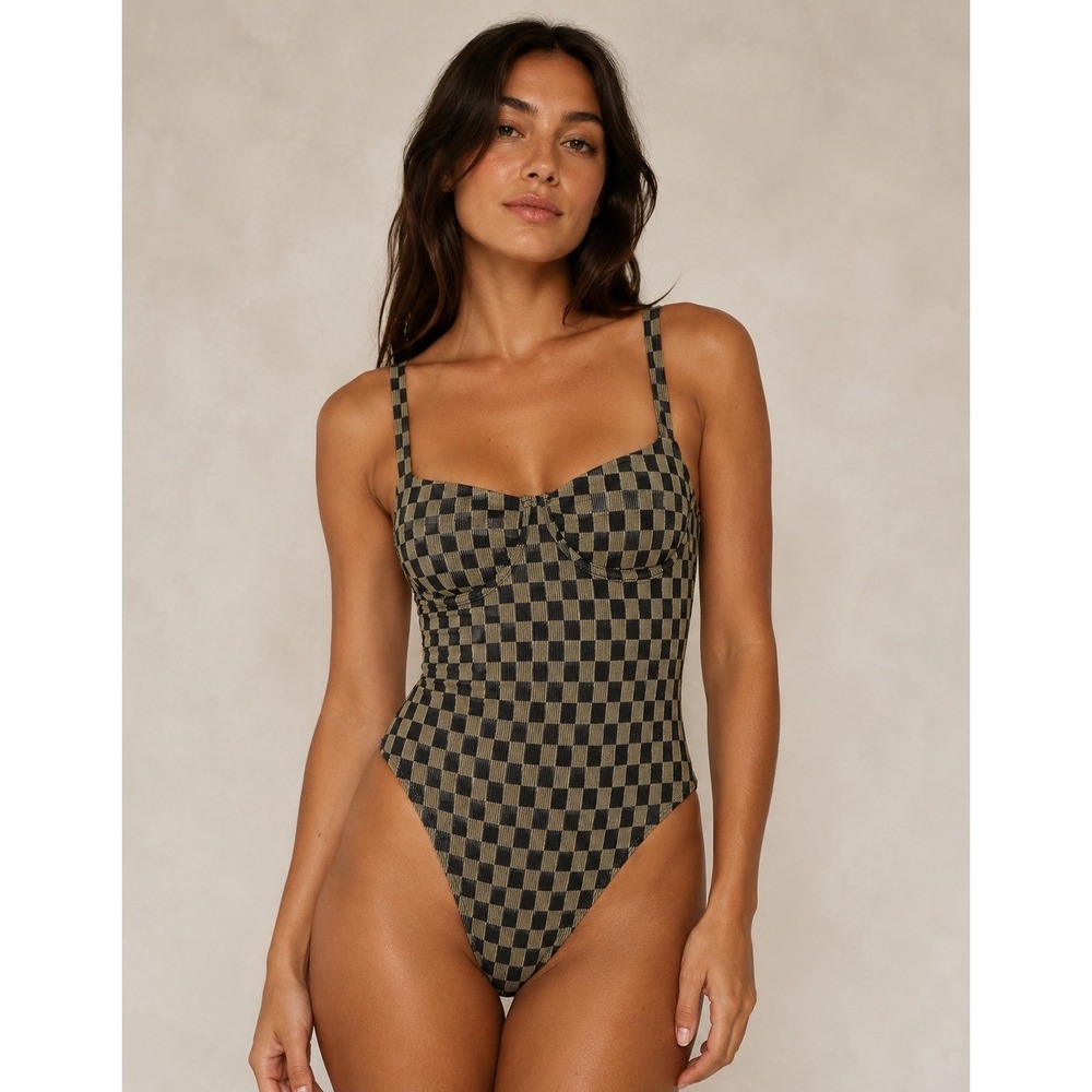 Seea | One Piece Swimsuit Large Gold Black Checkered Underwire Gingham Beach